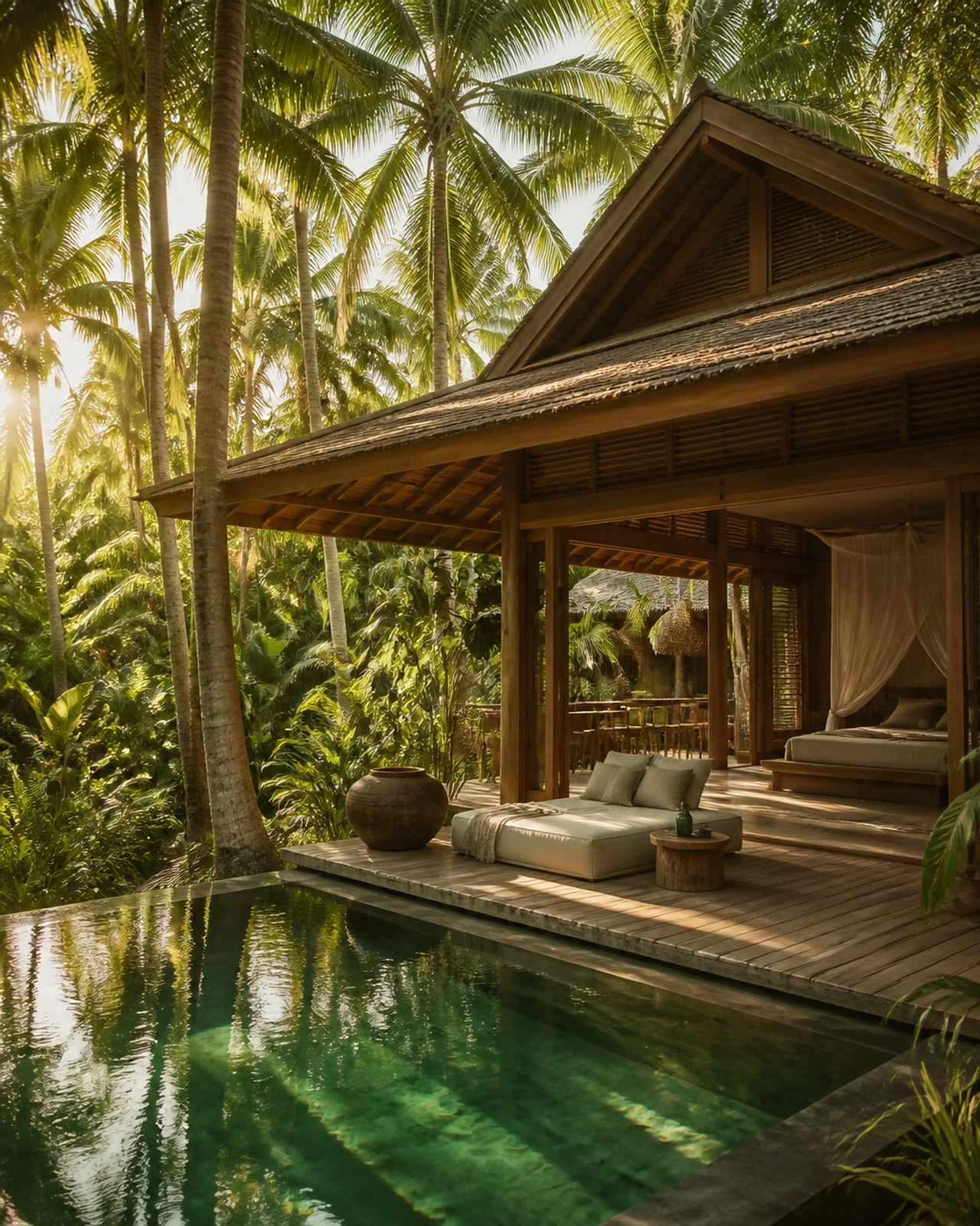A luxury jungle villa in Siargao surrounded by tall coconut palms and featuring a private infinity pool.