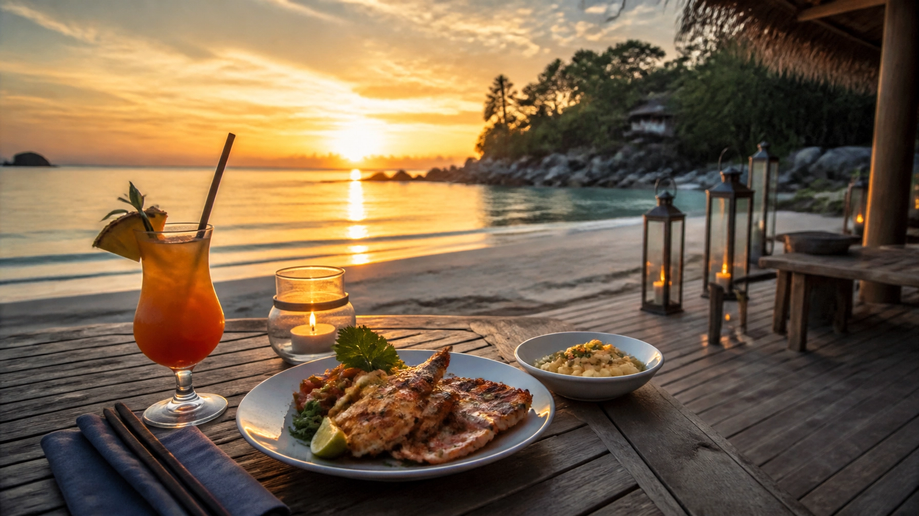 Bangka Island diving - luxury seafood dinner and tropical drink on a beach deck at sunset.
