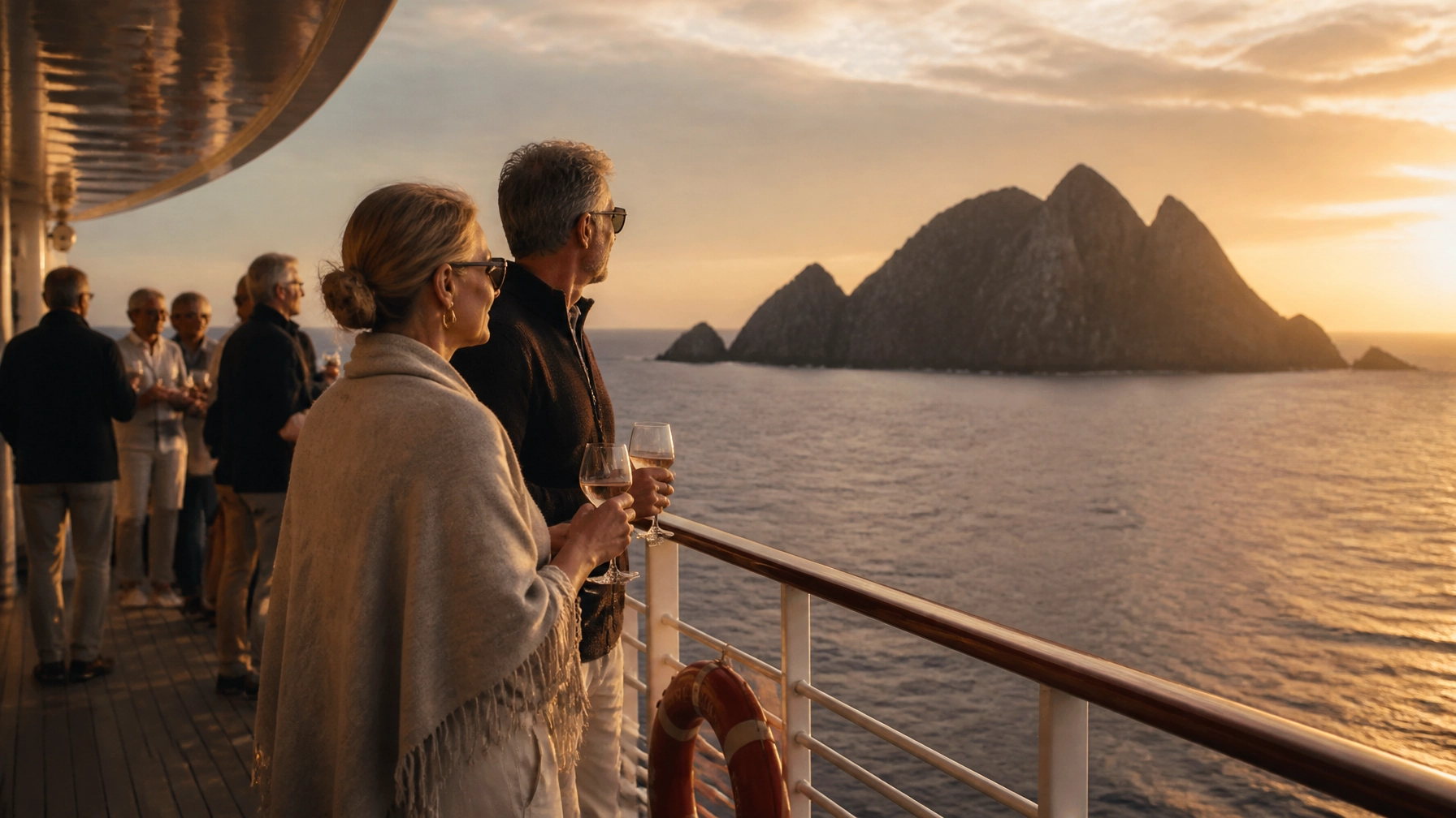 Luxury travelers enjoying wine on the deck of an expedition ship at sunset