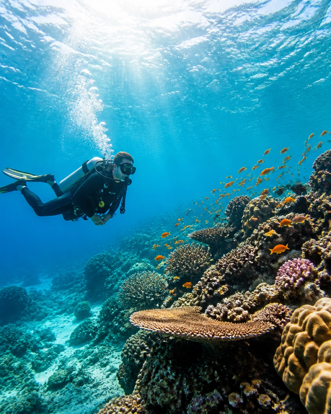 A serene, sun-drenched underwater scuba scene with a diver in clear turquoise water