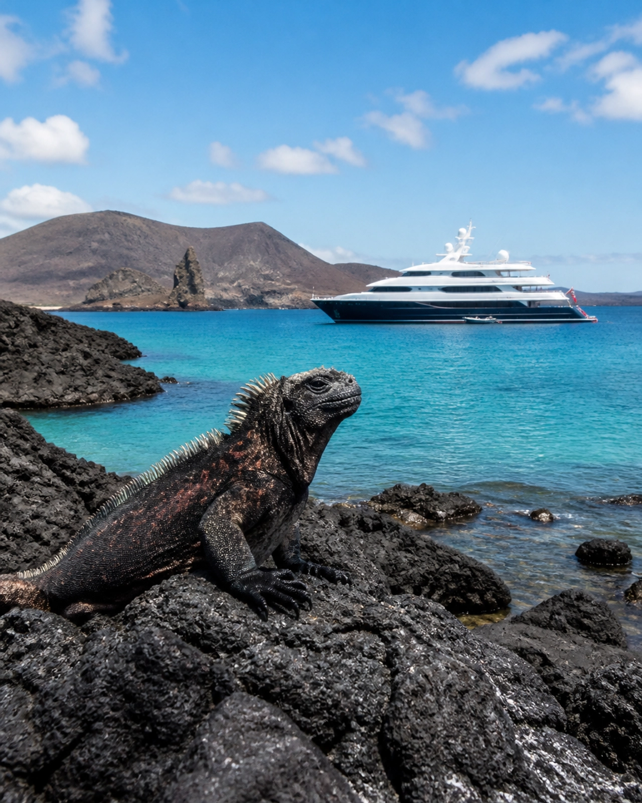 Rugged volcanic coastline of the Galapagos with a marine iguana and a luxury ship