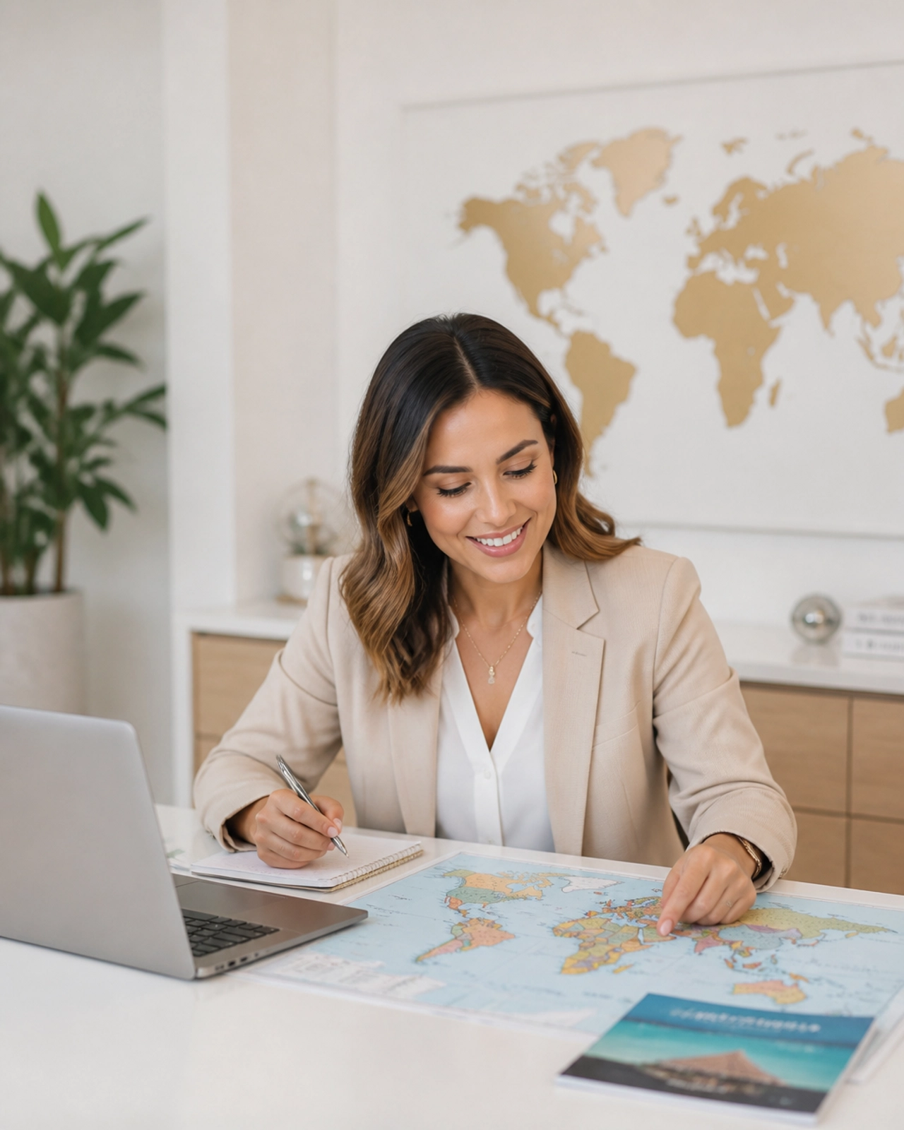 A friendly travel concierge planning a luxury dive vacation in a bright, modern office