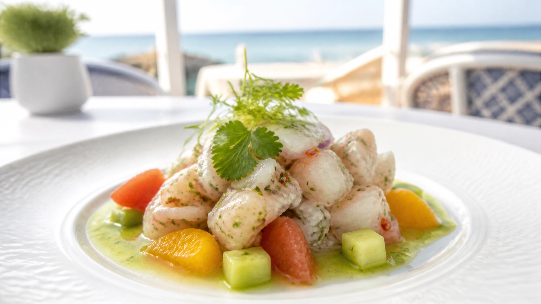 A beautifully plated dish of fresh lionfish ceviche served at a coastal restaurant in Pensacola. Bright, natural lighting, fresh ingredients visible.