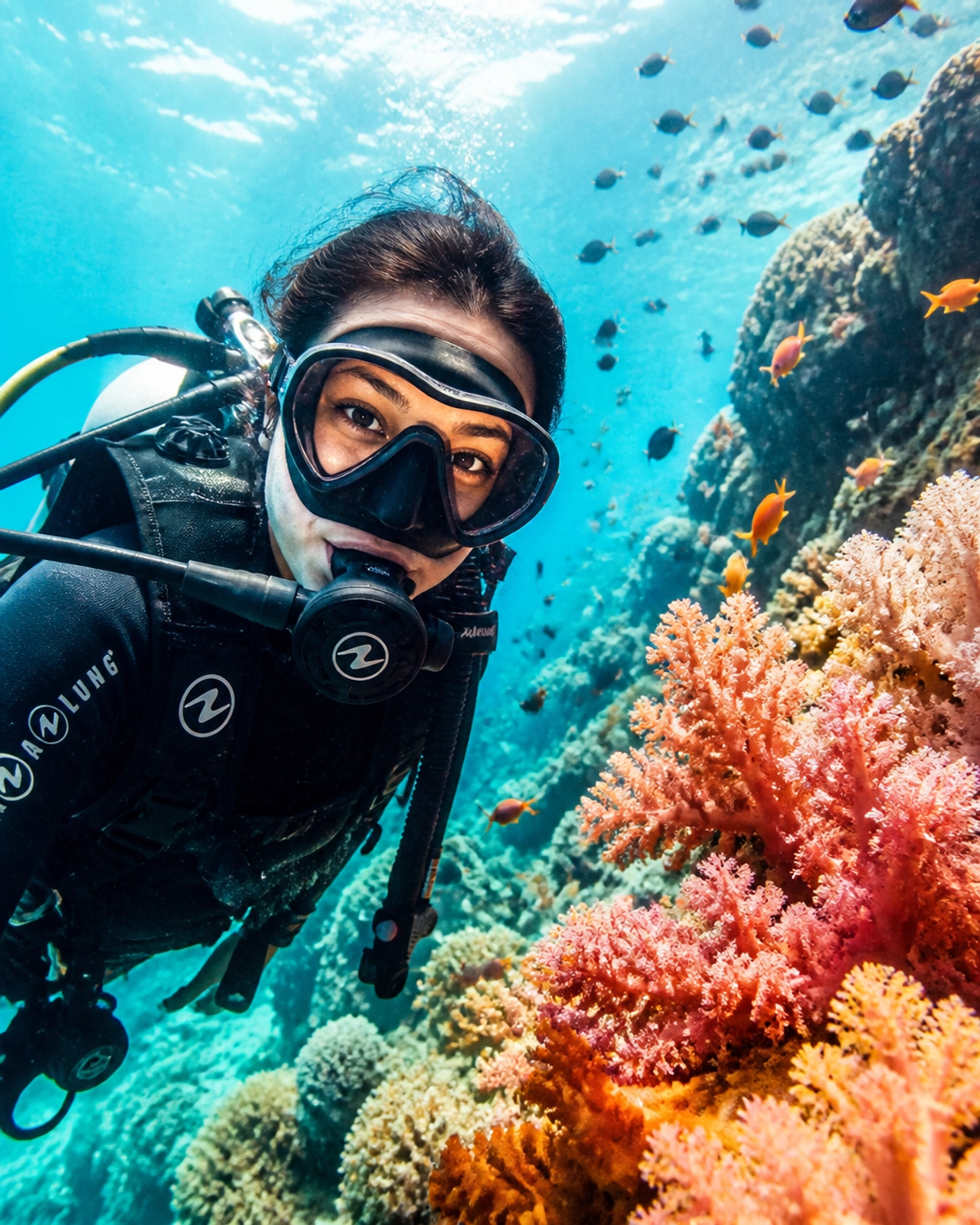 A scuba diver exploring a vibrant coral reef in the crystal-clear turquoise waters of Komodo National Park.