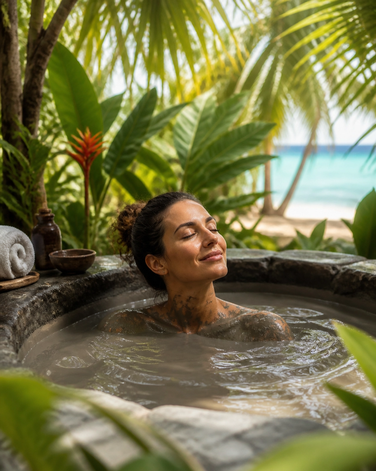 A person enjoying a relaxing mud bath in a tropical Maldivian setting