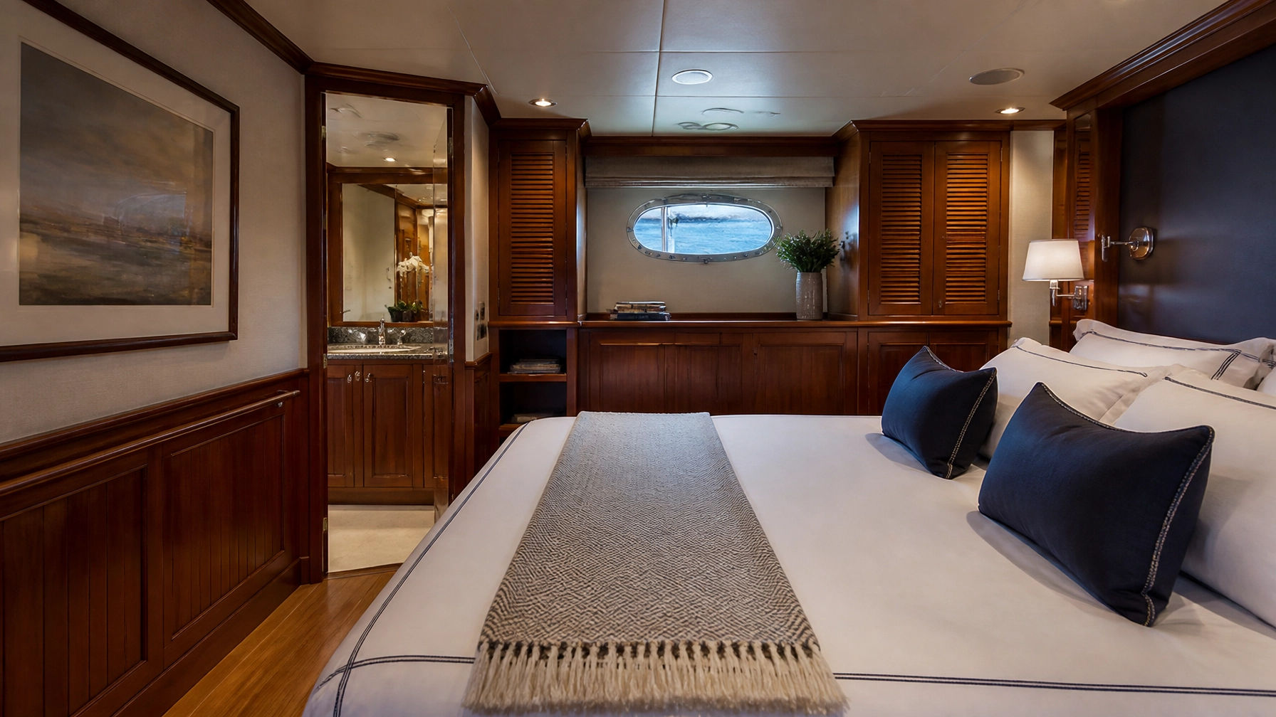 A professional interior cabin shot of a luxury liveaboard yacht
