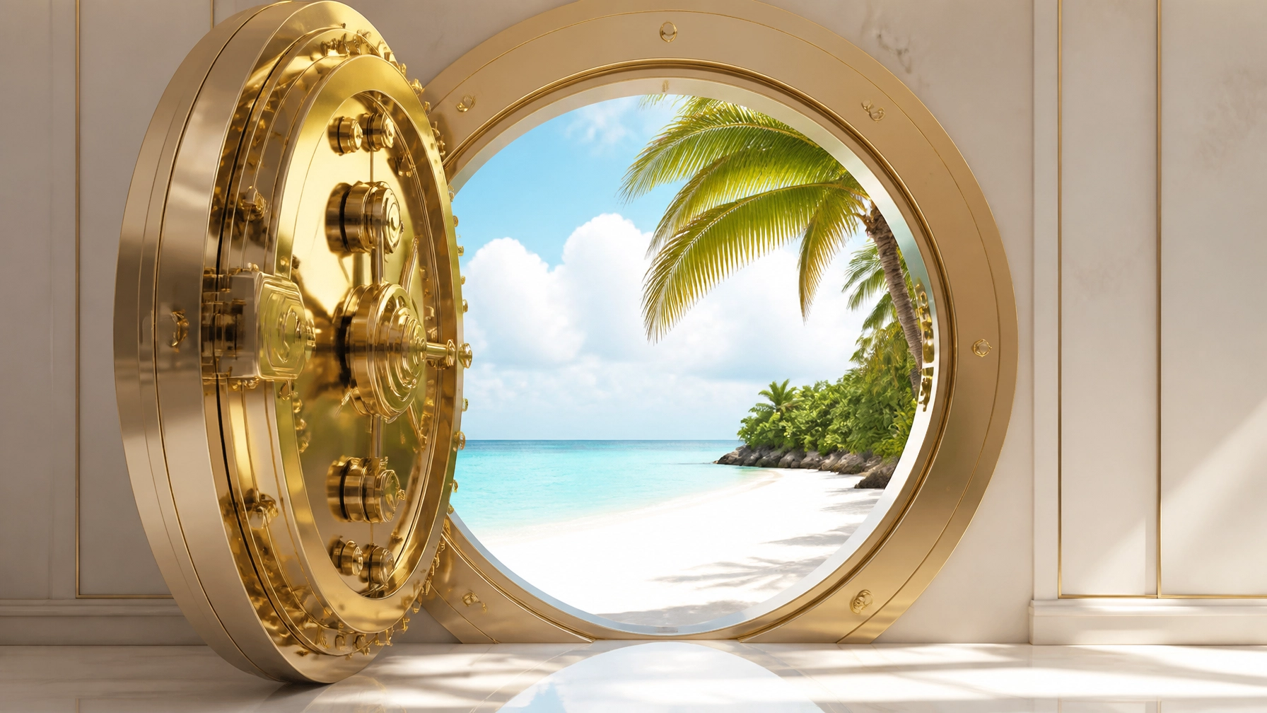 A luxurious gold vault door opening to reveal a beautiful turquoise beach