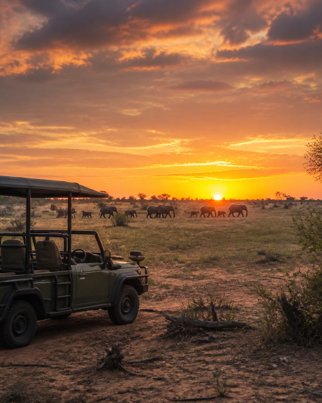 A safari vehicle in the African savanna at sunset with elephants