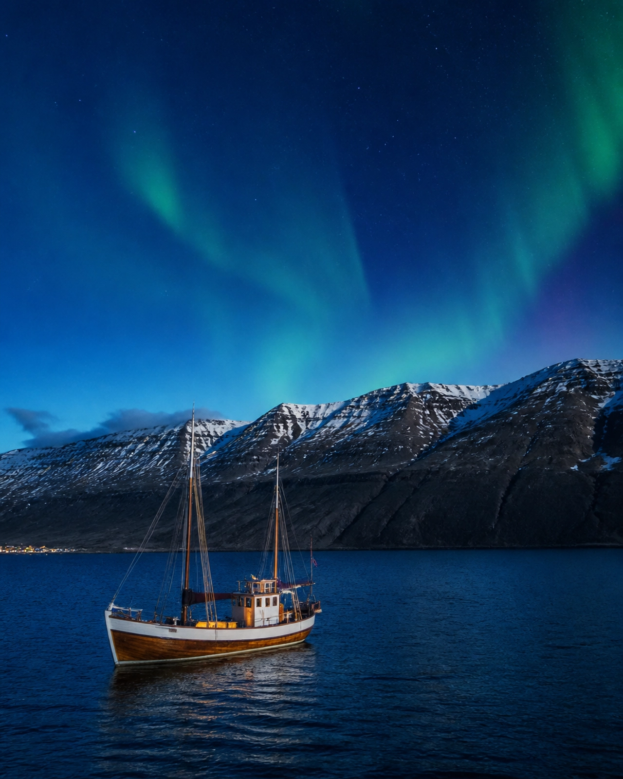 A traditional wooden sailing vessel in an Icelandic fjord under the Aurora Borealis