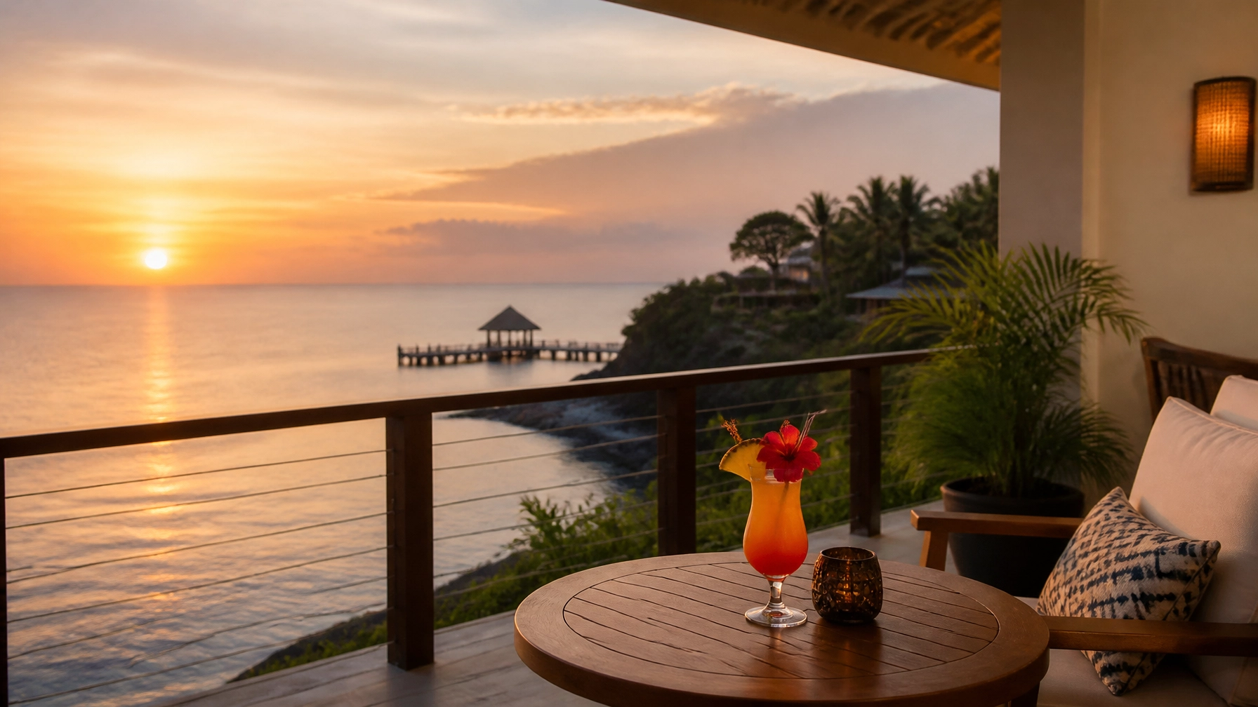 Luxury resort balcony in Roatan overlooking the ocean at sunset