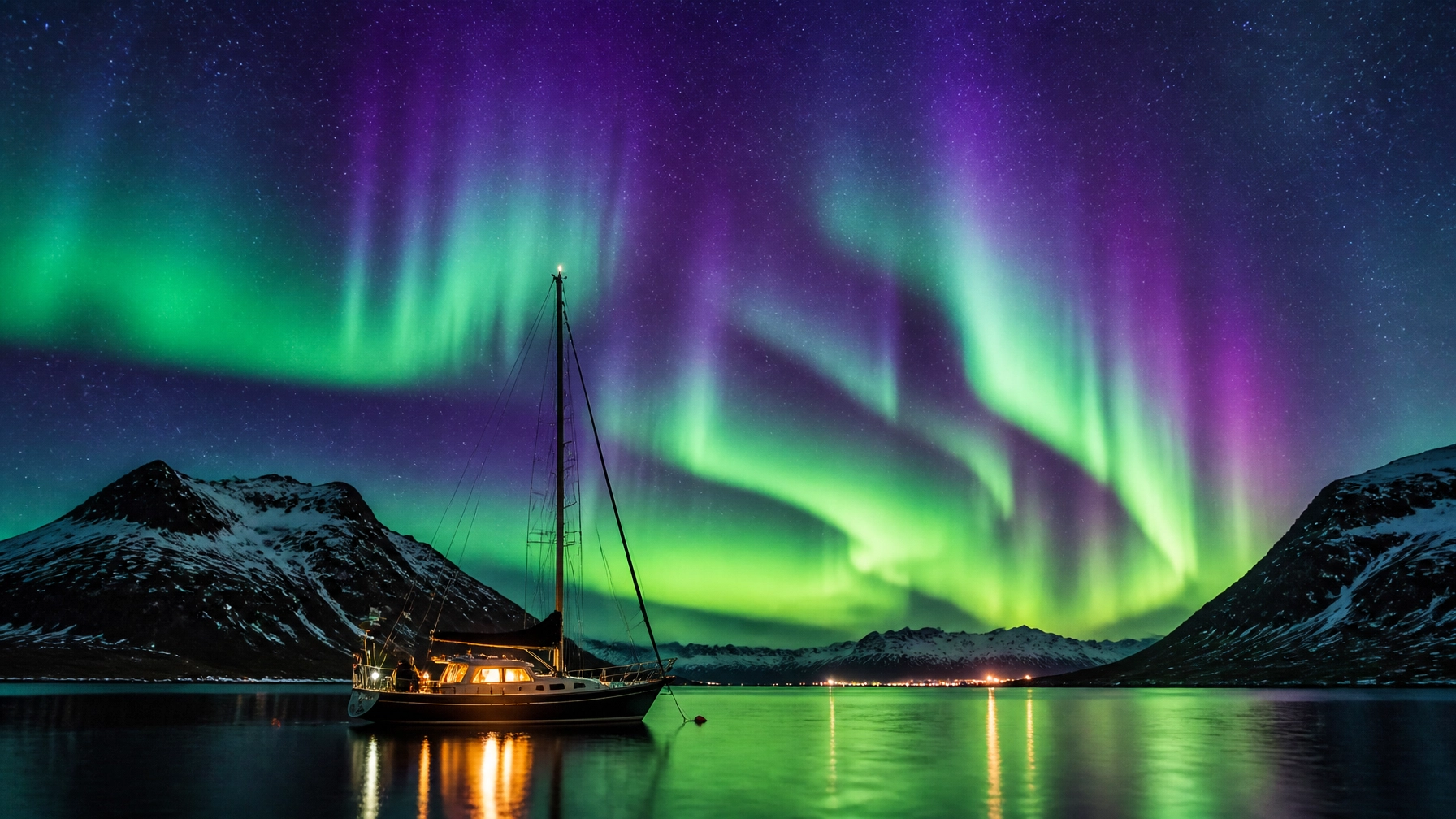 The Northern Lights dancing over a sailing vessel anchored in a quiet Icelandic bay
