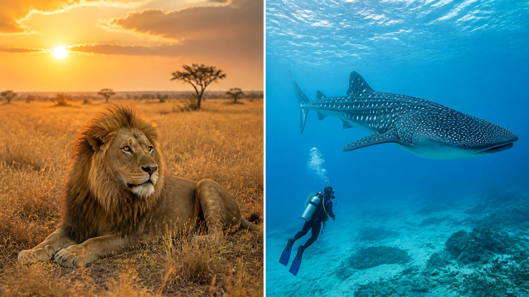 A majestic lion in the savanna and a scuba diver with a whale shark