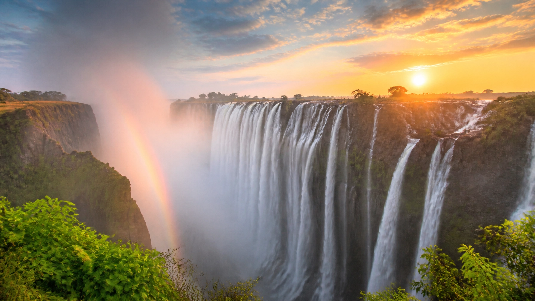 The majestic Victoria Falls at sunrise with a rainbow