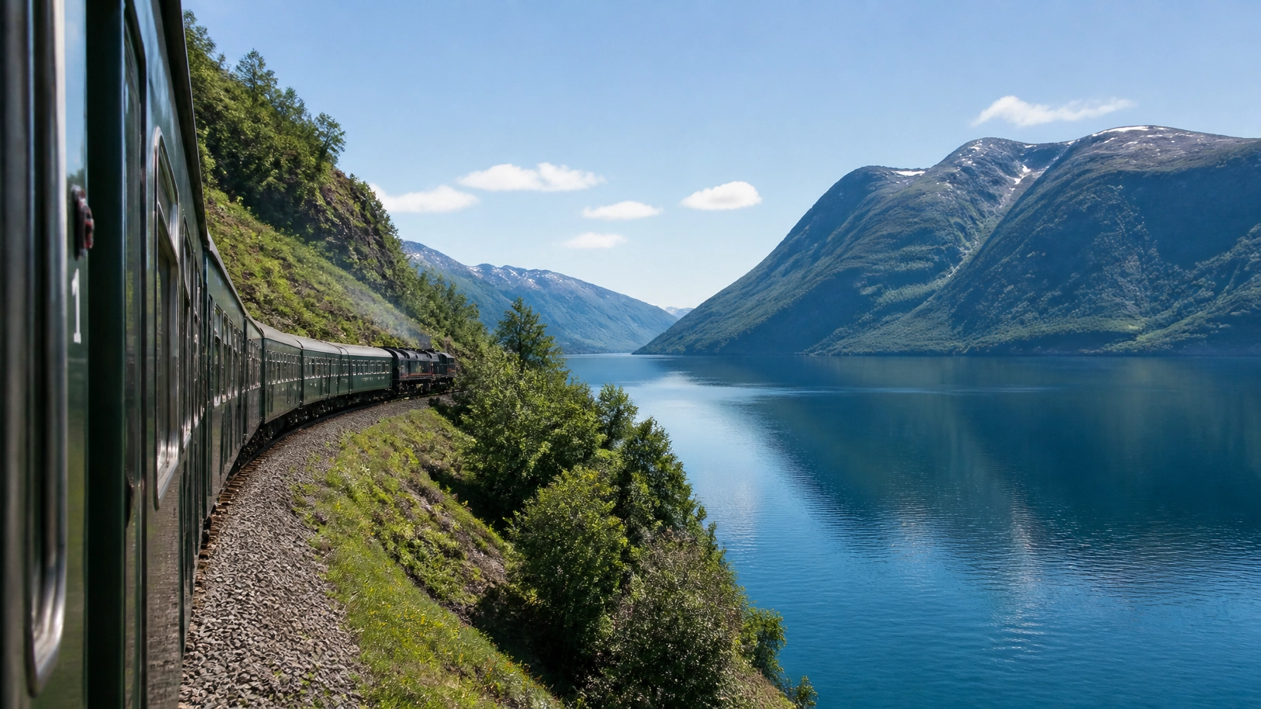Scenic Vintage Scandinavian Train Along a Fjord