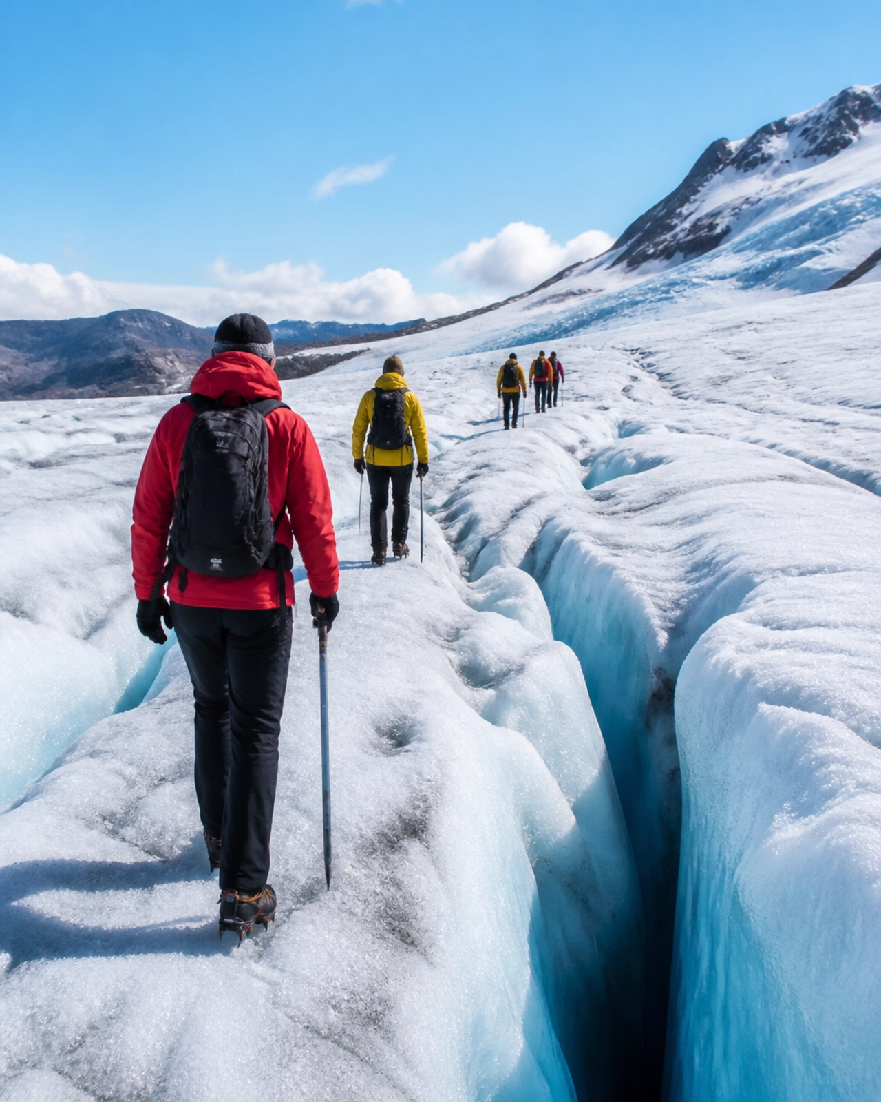 Adventurous travelers hiking across a bright blue Icelandic glacier