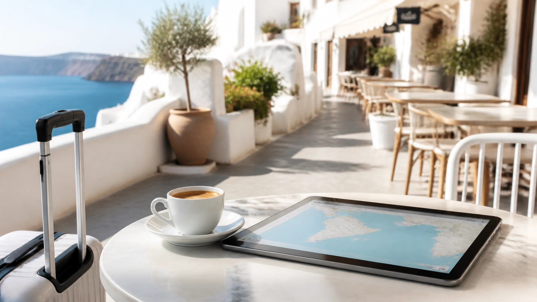 A sun-drenched outdoor cafe in a European coastal city