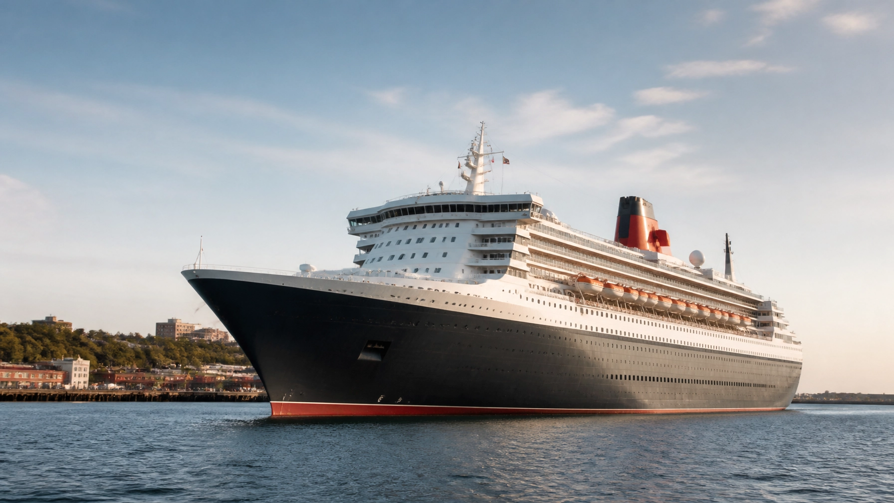 A majestic ocean liner inspired by the Queen Mary 2, photographed in bright natural light with a clean, elegant travel aesthetic.