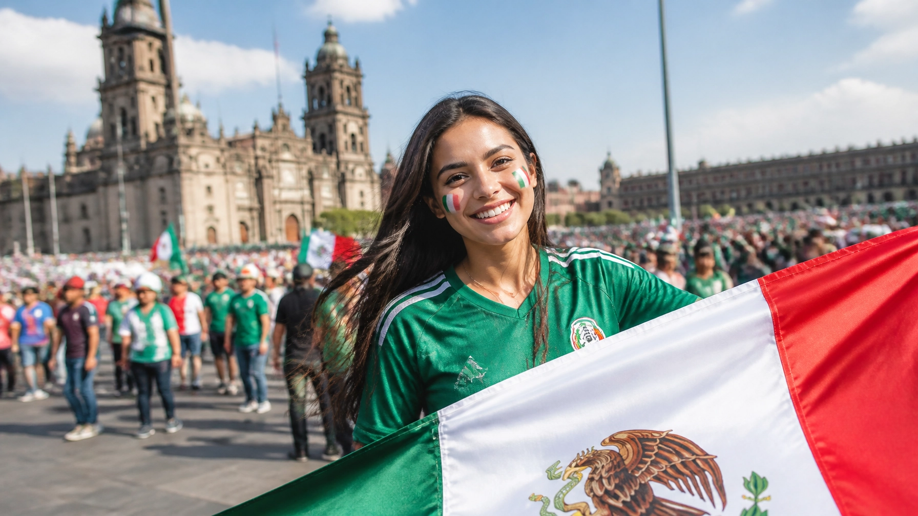 A festive Mexico City scene with bright colors, a lively plaza, and welcoming World Cup energy in natural light.