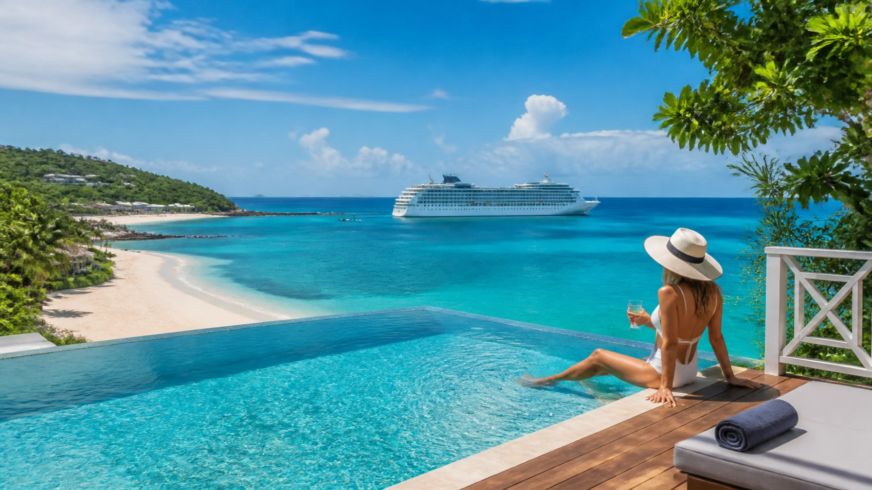 Authentic luxury travel photography of a crystal-clear infinity pool overlooking a turquoise tropical bay, with a white sandy beach and a modern cruise ship in the distance under bright natural light.