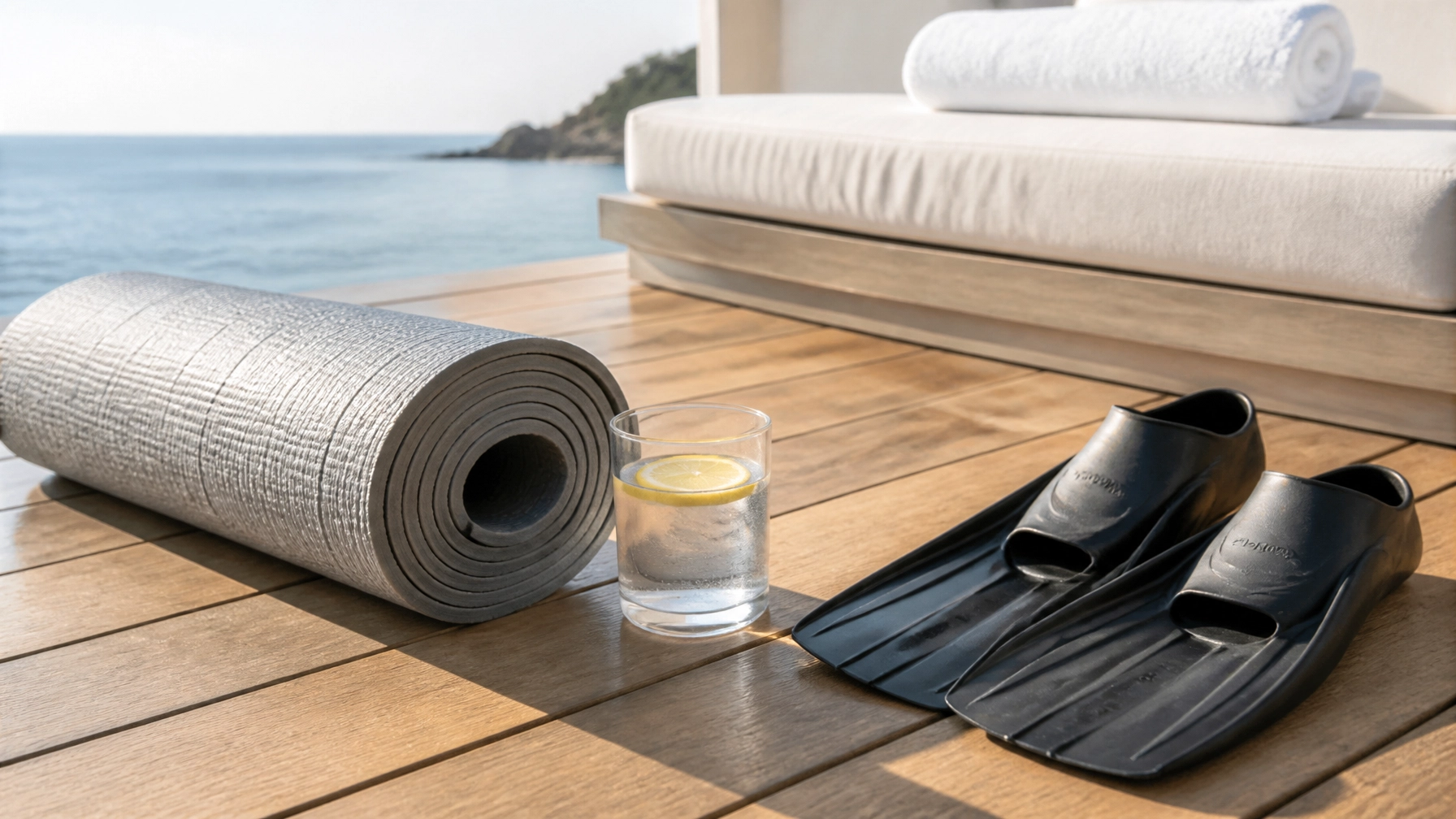 A bright and airy high-quality photograph of a clean, minimalist travel setup on a wooden sun deck.