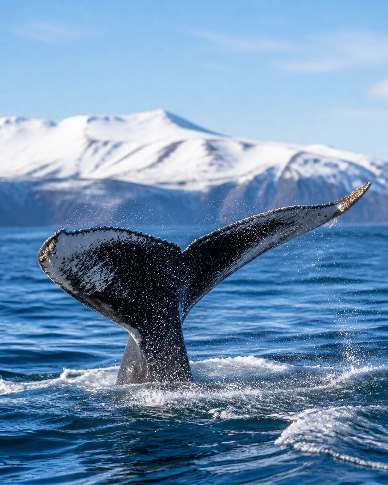 A humpback whale breaching in the cold Atlantic waters with snowy mountains in the background