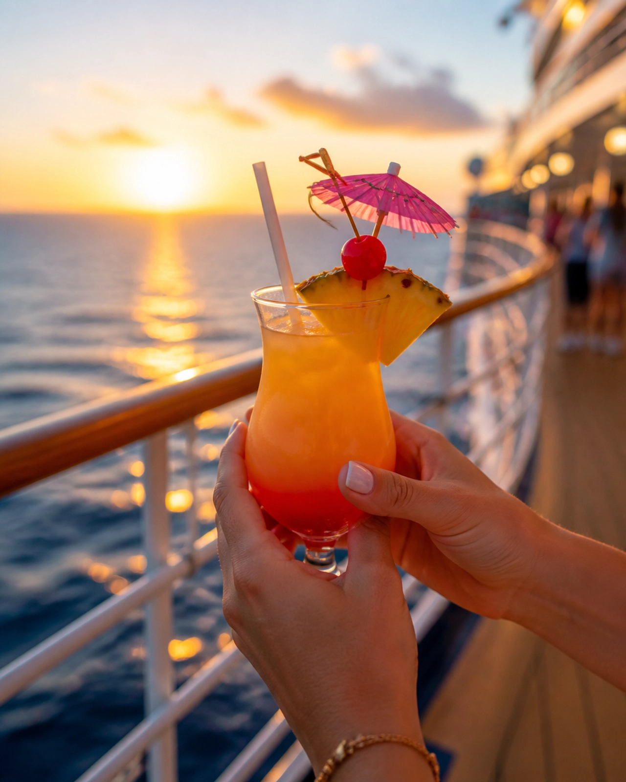A person enjoying a colorful cocktail on the deck of a cruise ship
