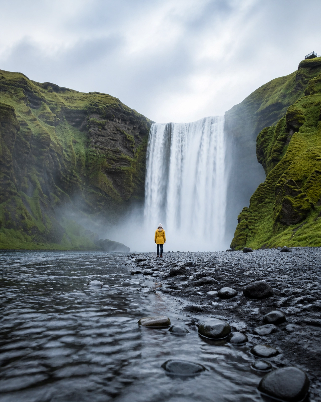 A serene misty landscape in Iceland with a modern minimalist thermal pool