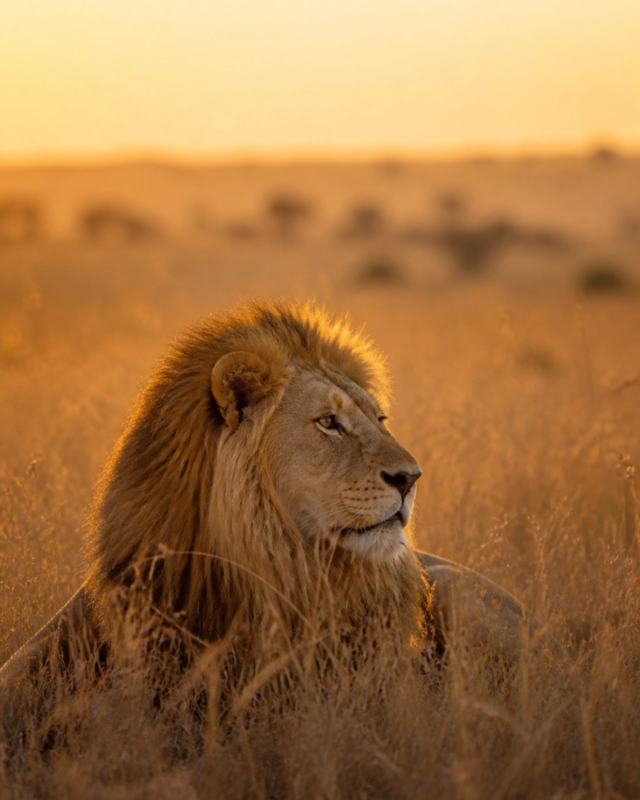 A lion resting peacefully in the golden grass of the African savanna