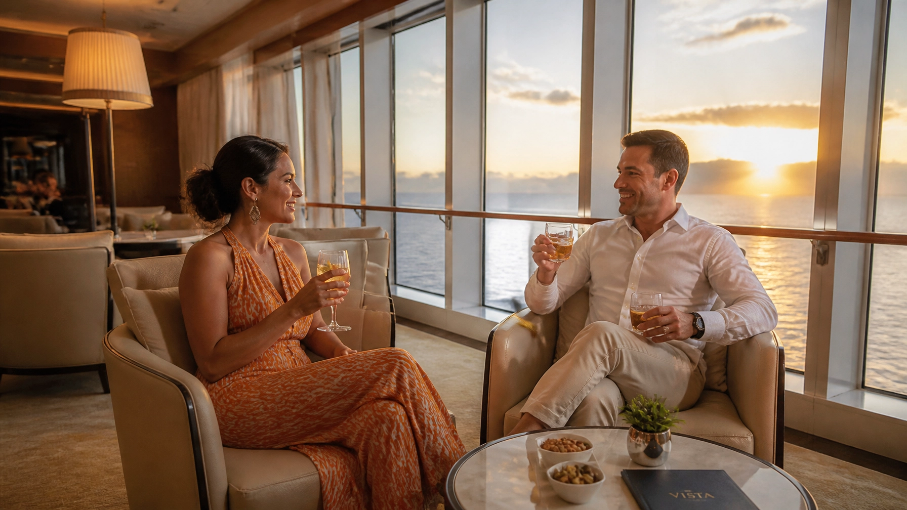 Authentic travel photography of a bright luxury cruise ship lounge with floor-to-ceiling windows, a sunset over the ocean, and a couple enjoying cocktails in a warm, candid setting.