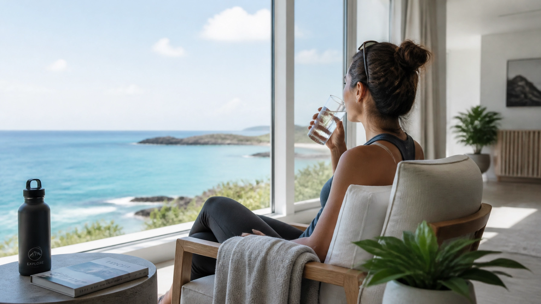 A sophisticated travel scene showing a person relaxing in a bright, modern lounge after an adventure.