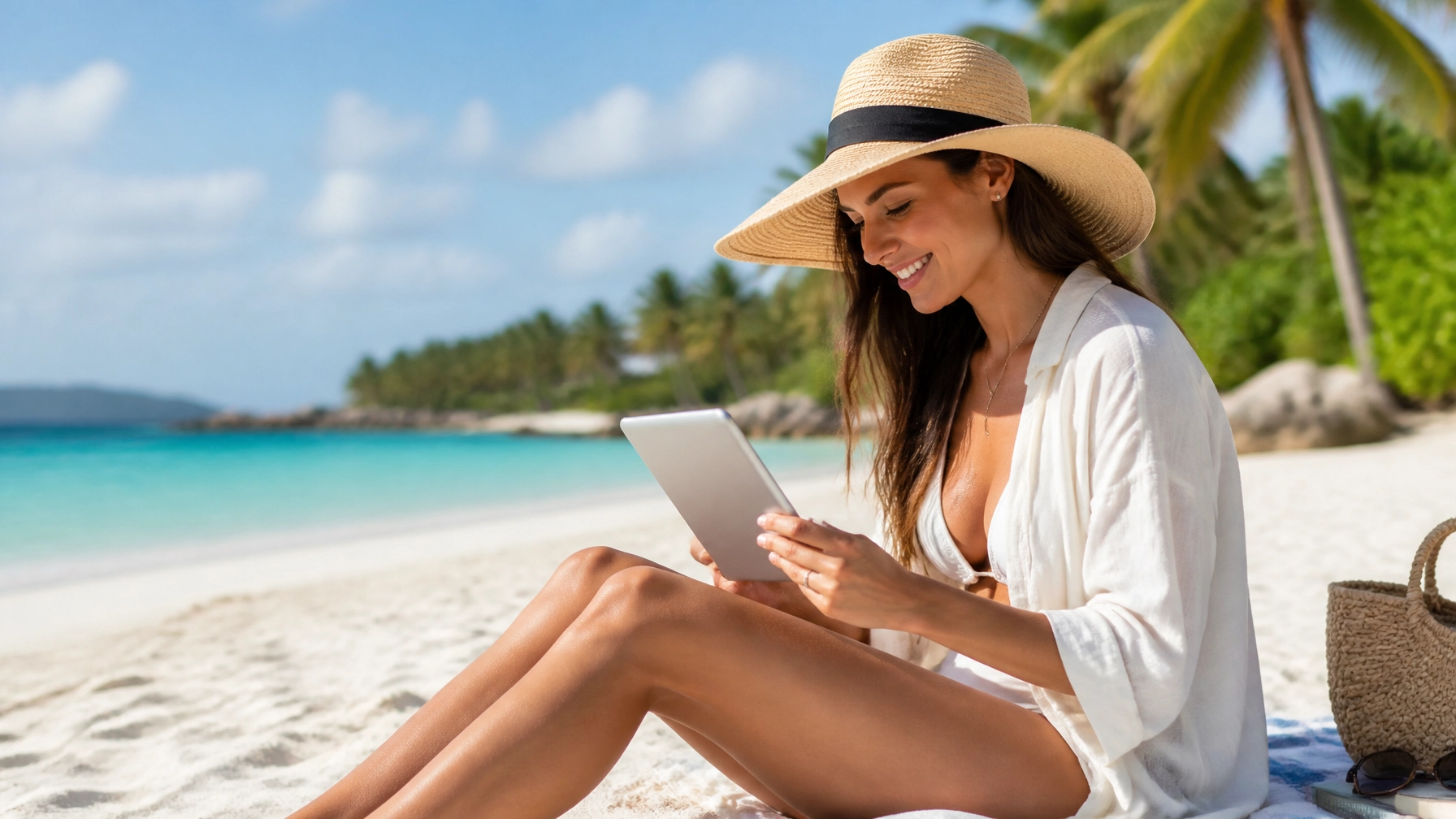 A woman smiling while looking at a tablet on a beautiful tropical beach, representing successful travel planning.