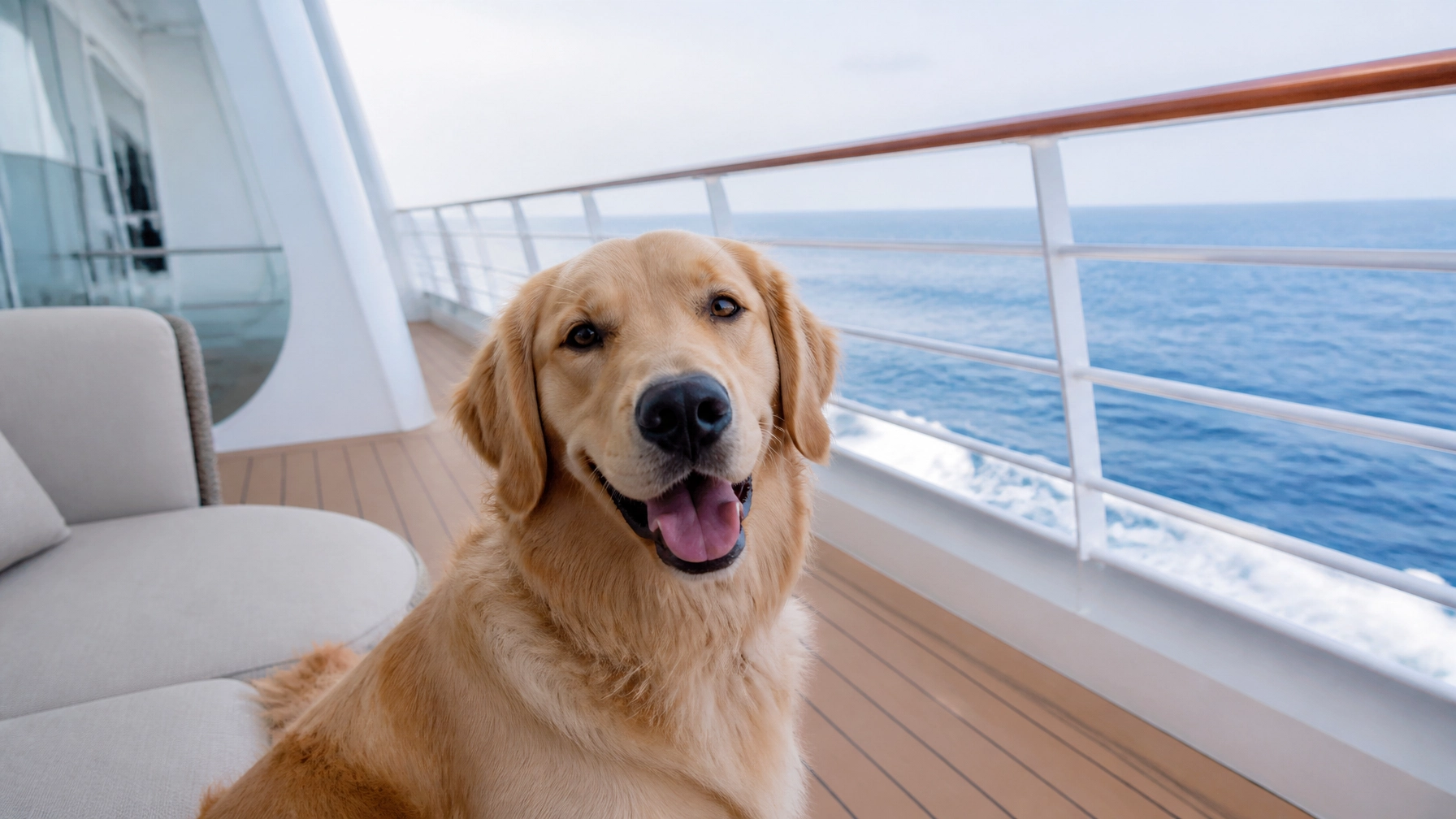 A cute golden retriever on a modern cruise ship deck with the ocean behind it, captured in bright natural light.