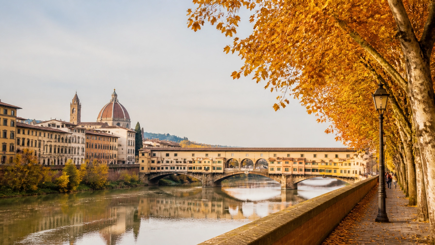 A cozy autumn travel destination with golden fall foliage and historic architecture
