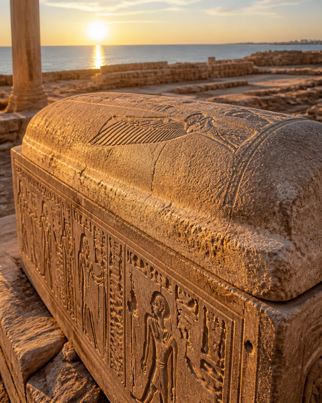 Close-up of an ancient stone sarcophagus on the Mediterranean coast of Egypt