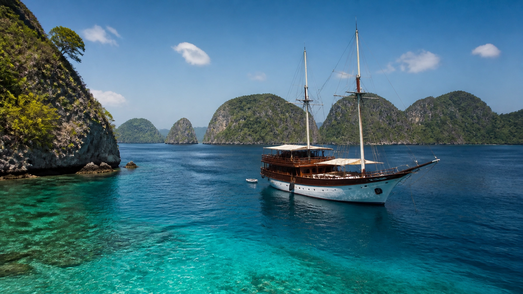 Authentic travel photography of a traditional Indonesian Phinisi sailing ship anchored in a calm bay, surrounded by lush karst islands and crystal-clear turquoise water in bright tropical light.