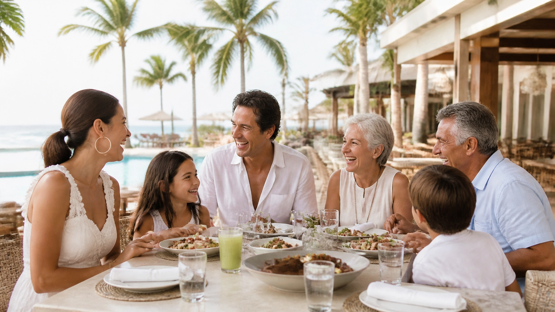 Authentic resort photography of a happy multi-generational family laughing together at an outdoor restaurant table, with palm trees and a pool in the background.
