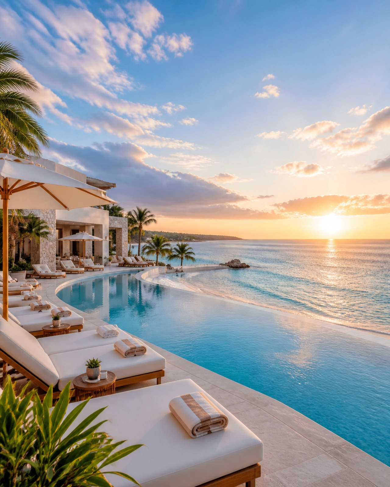 A luxury beachfront resort in Mexico with an infinity pool at sunrise