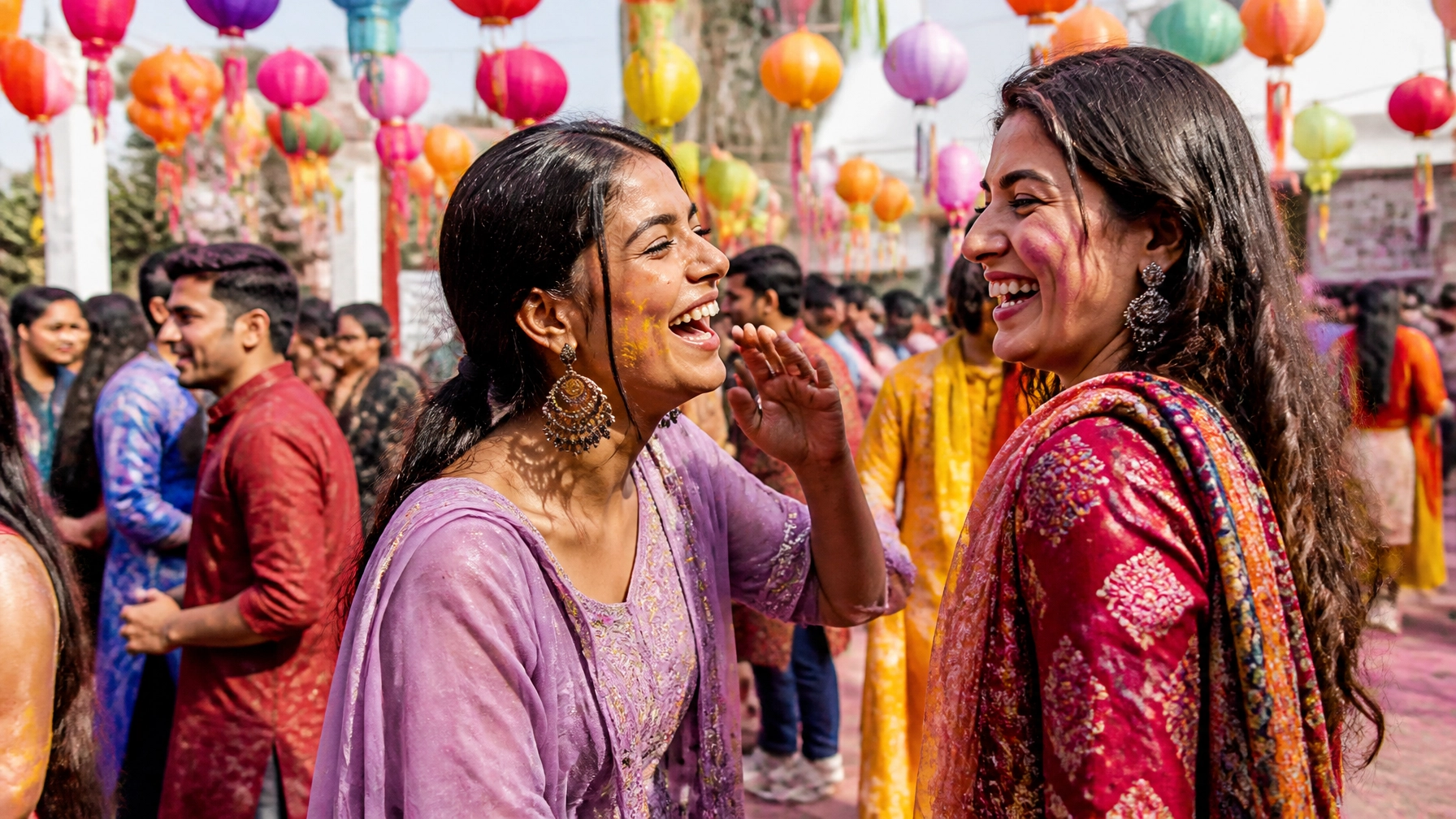 A vibrant cultural festival with colorful lanterns and joyous people celebrating outdoors