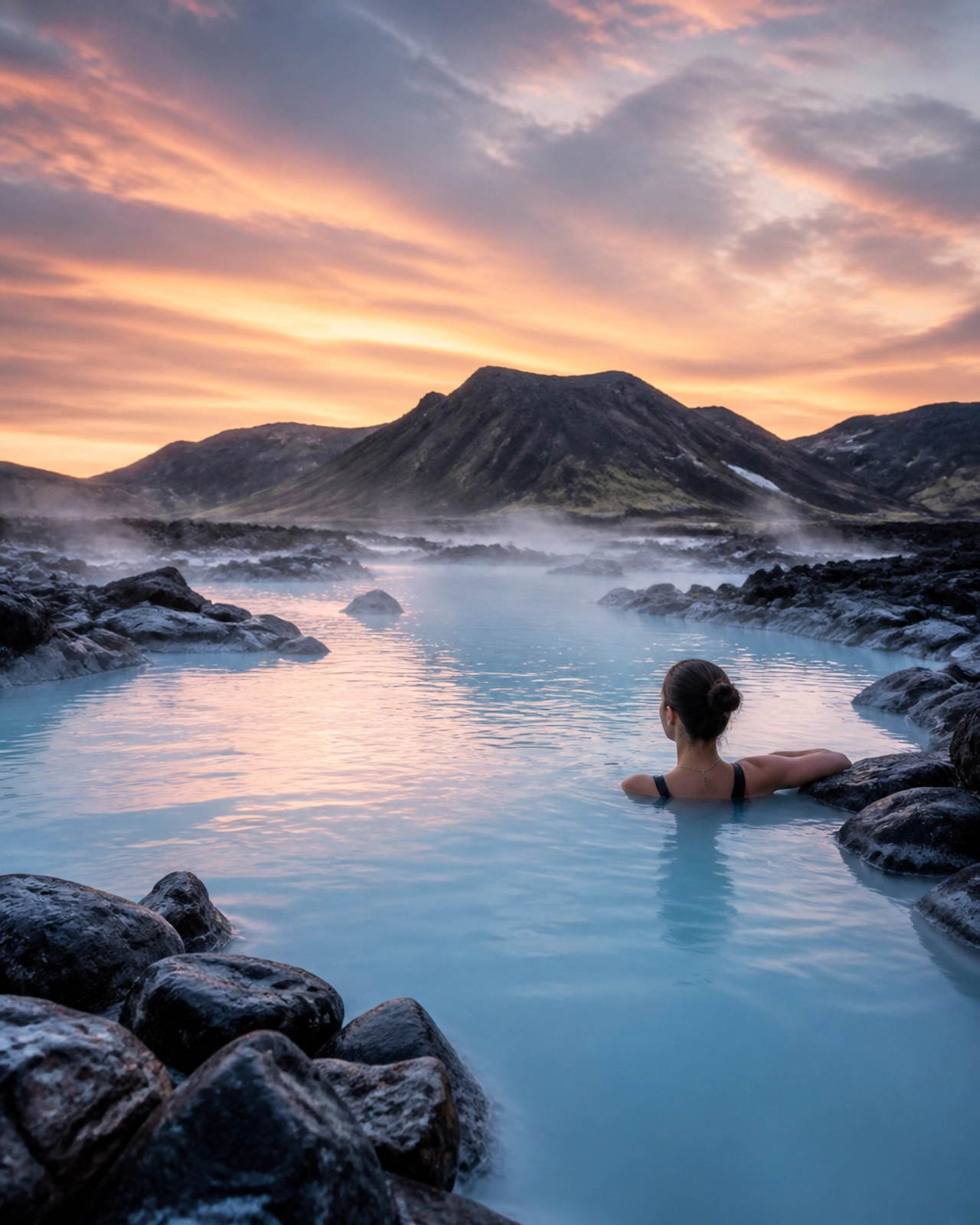 A serene geothermal hot spring in the Icelandic highlands at dusk