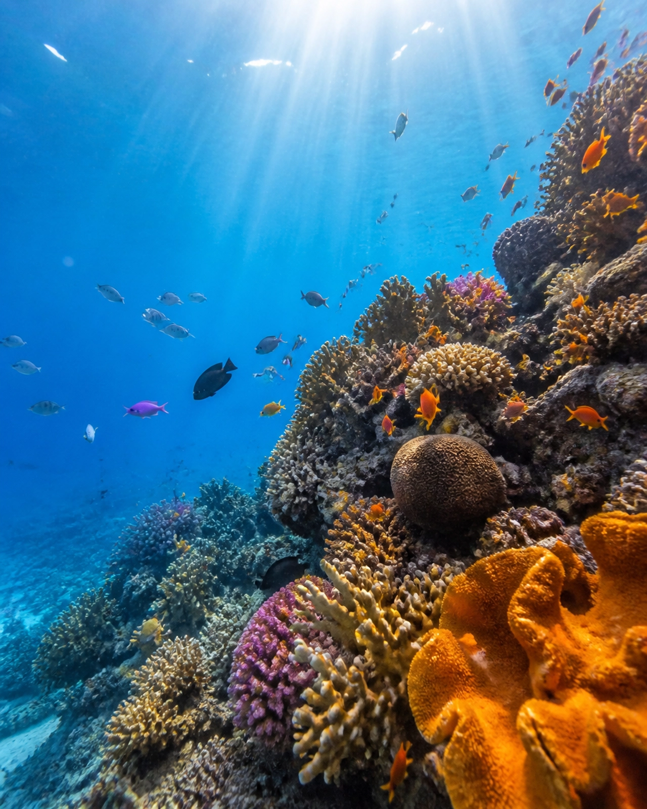 A vibrant coral reef in the blue waters of Mozambique