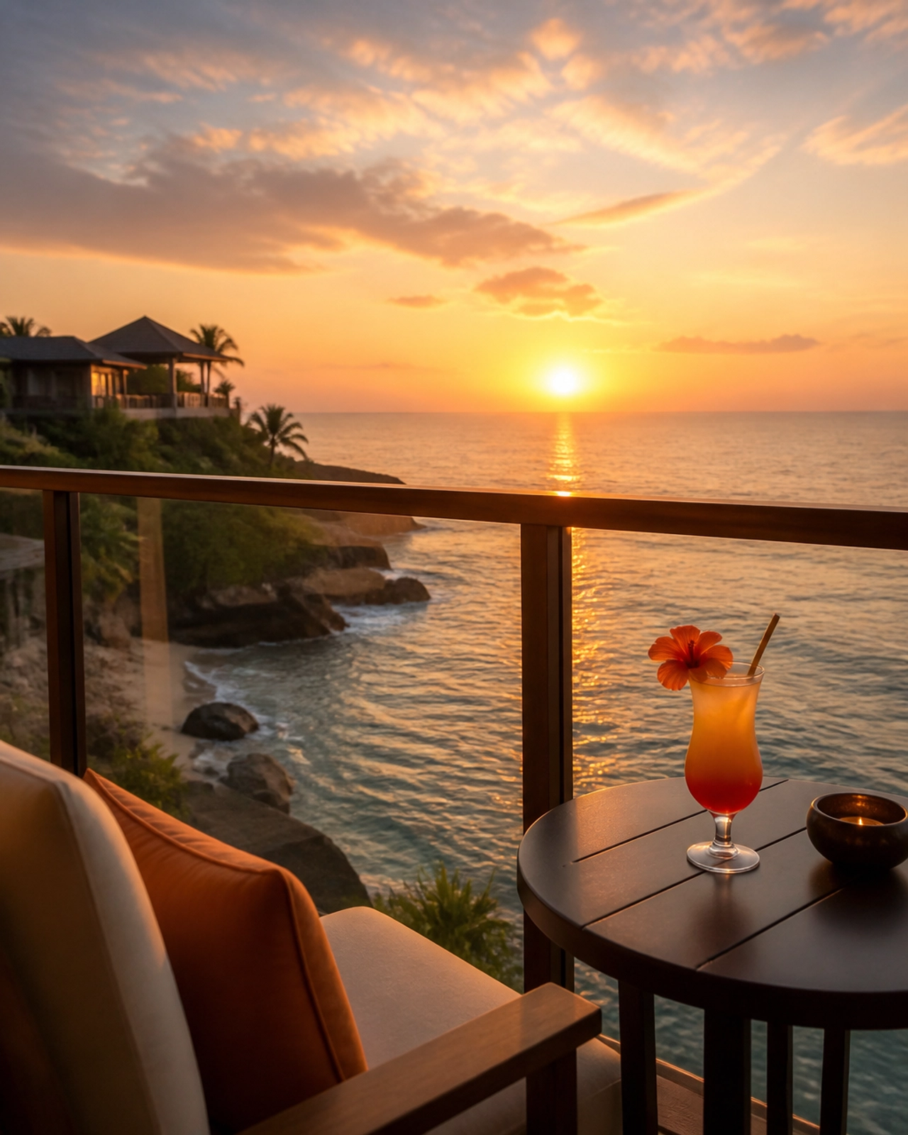 A luxury resort balcony overlooking the ocean at sunset, showing the reward of booking a well-vetted travel deal.