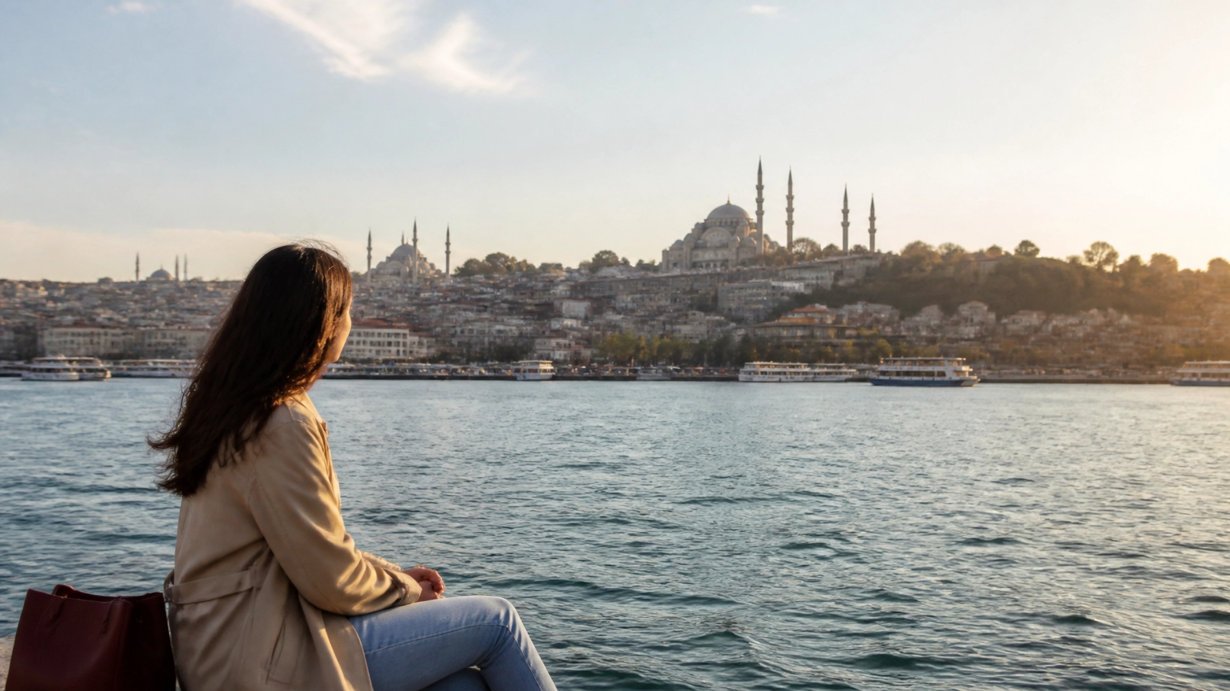 A bright, natural-light view of a Turkish coastline and Istanbul-style skyline with a clean, minimalist travel aesthetic.