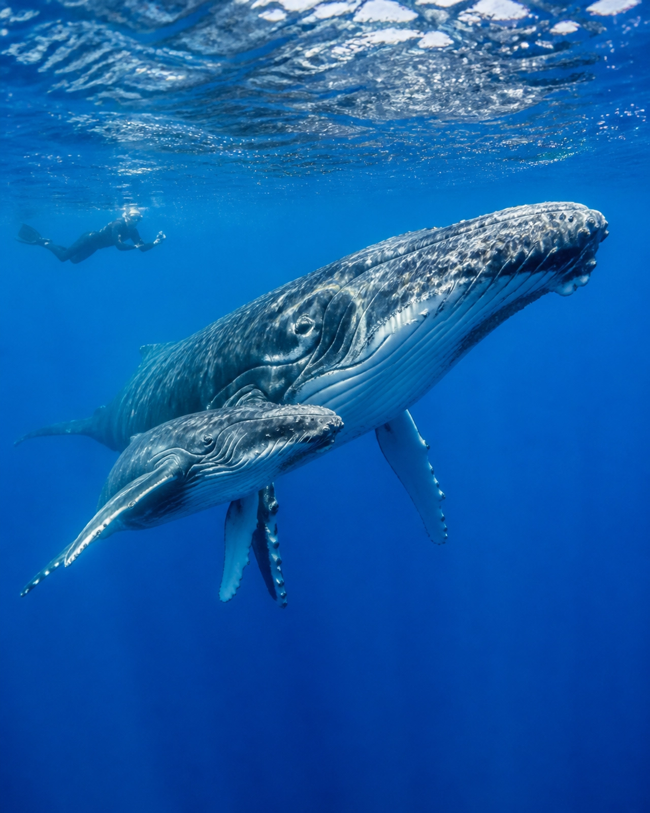 A humpback whale and her calf in the blue waters of Tonga