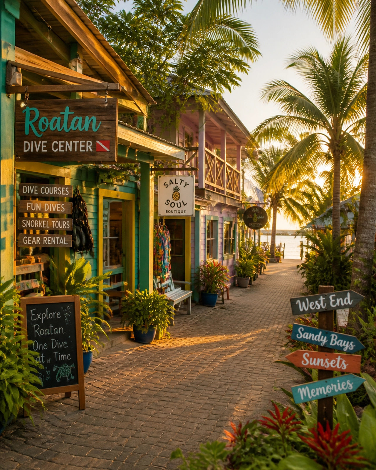 Charming tropical street in Roatan's West End during golden hour