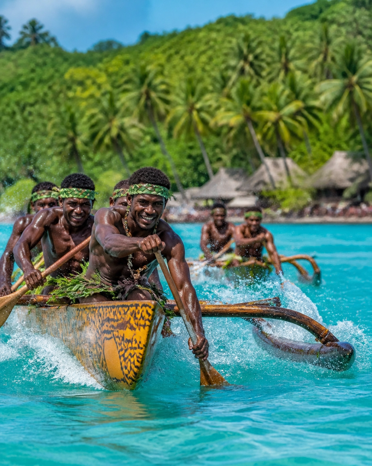 Traditional outrigger canoes racing in Vanuatu