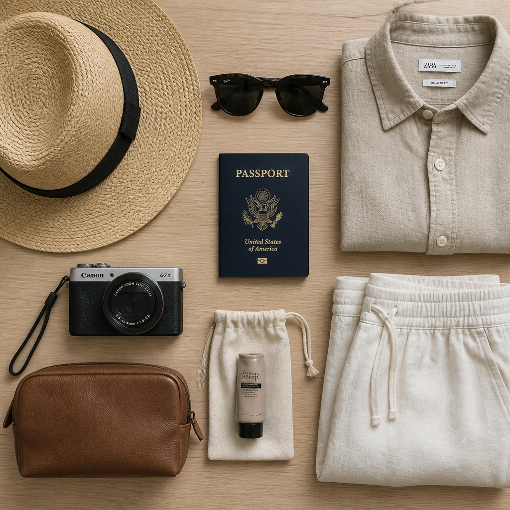 A neatly organized flat lay of travel essentials, illustrating effective travel tips for a smooth journey.