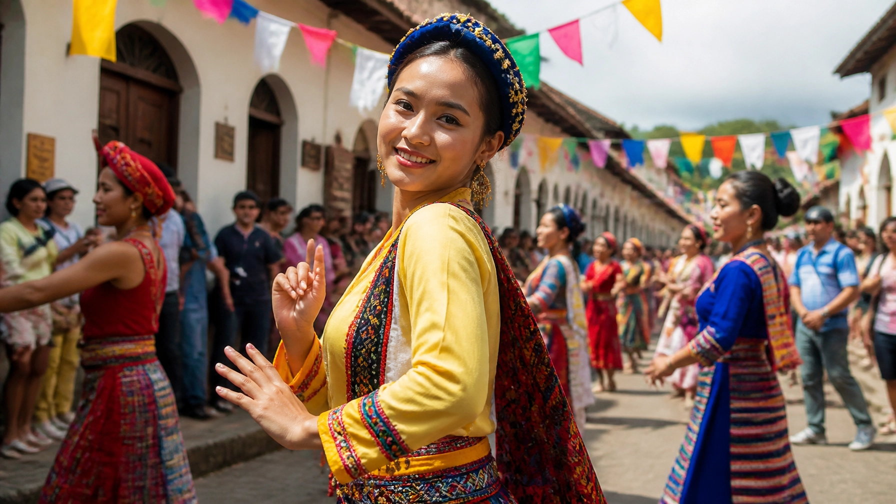 A vibrant cultural festival street scene with colorful flags and traditional dancers