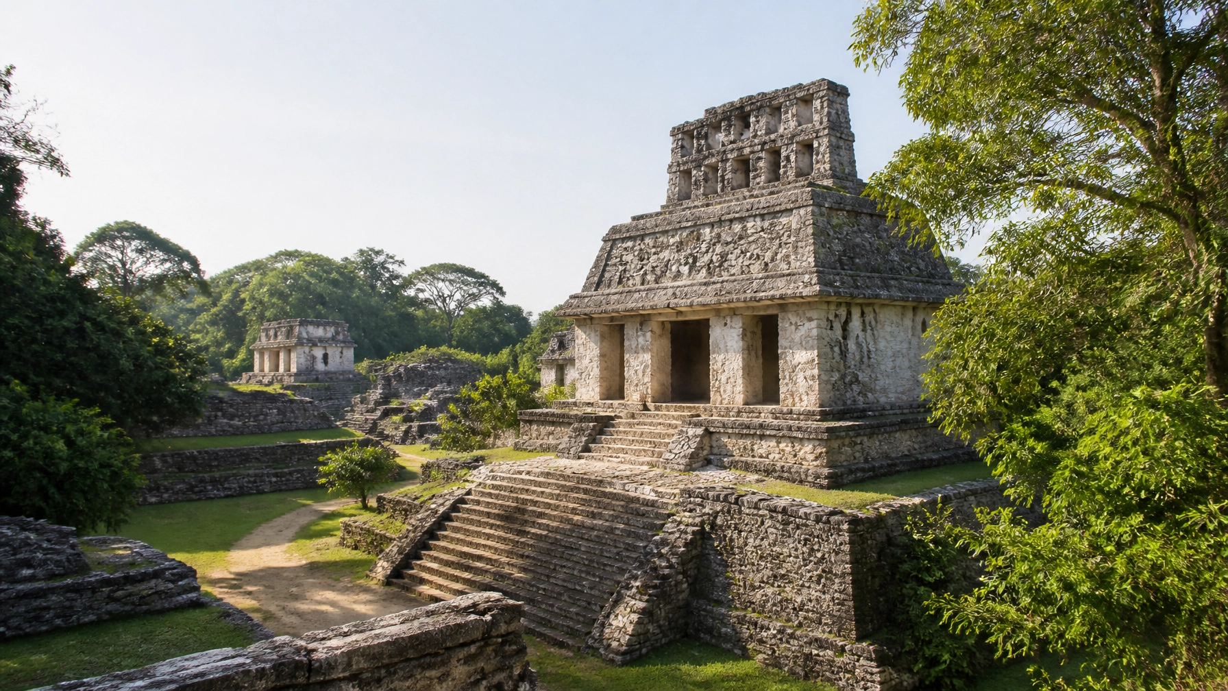 Ancient stone Mayan ruins surrounded by lush tropical jungle