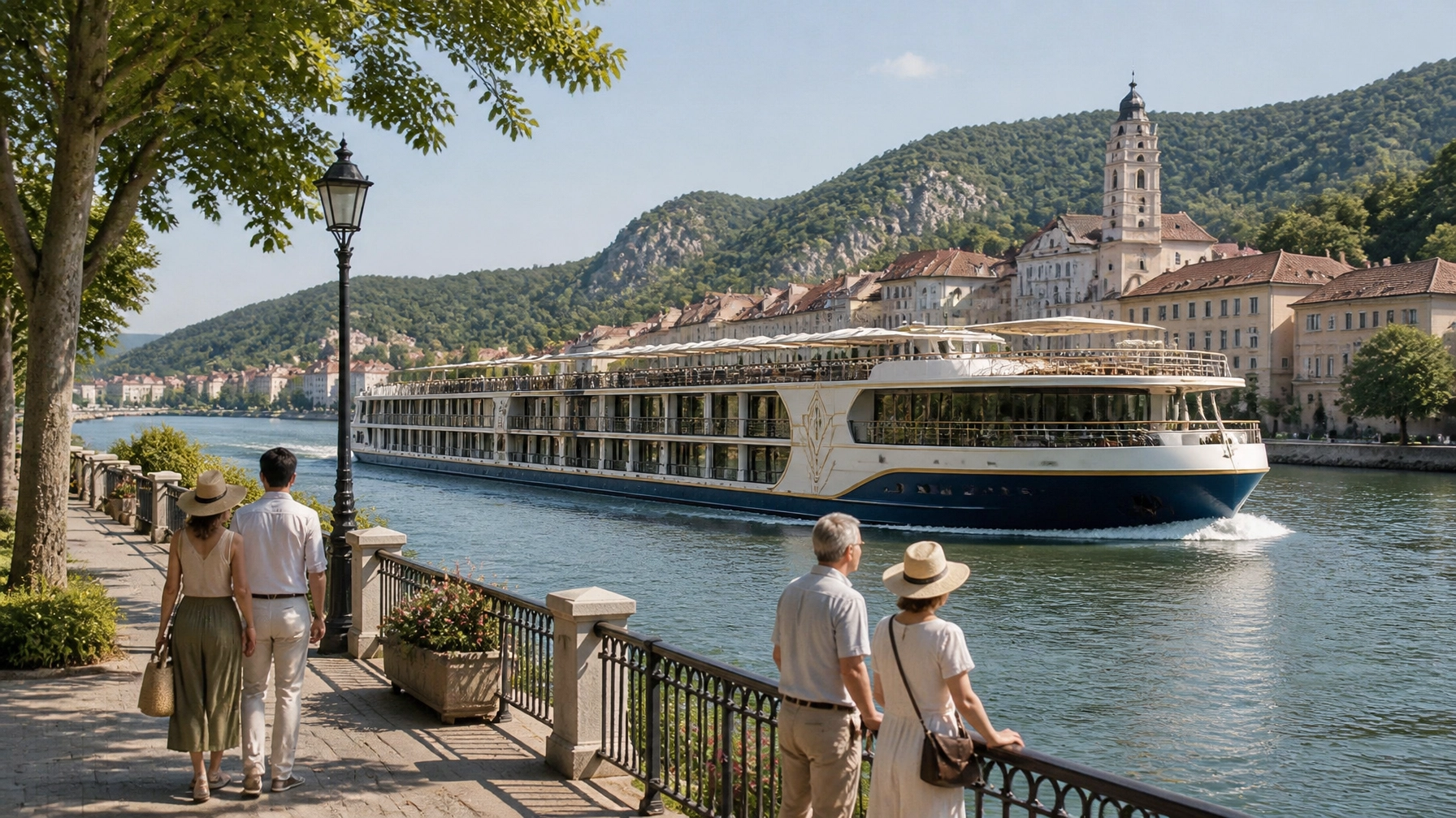 Elegant boutique river ship sailing through a European town with Art Deco-inspired details