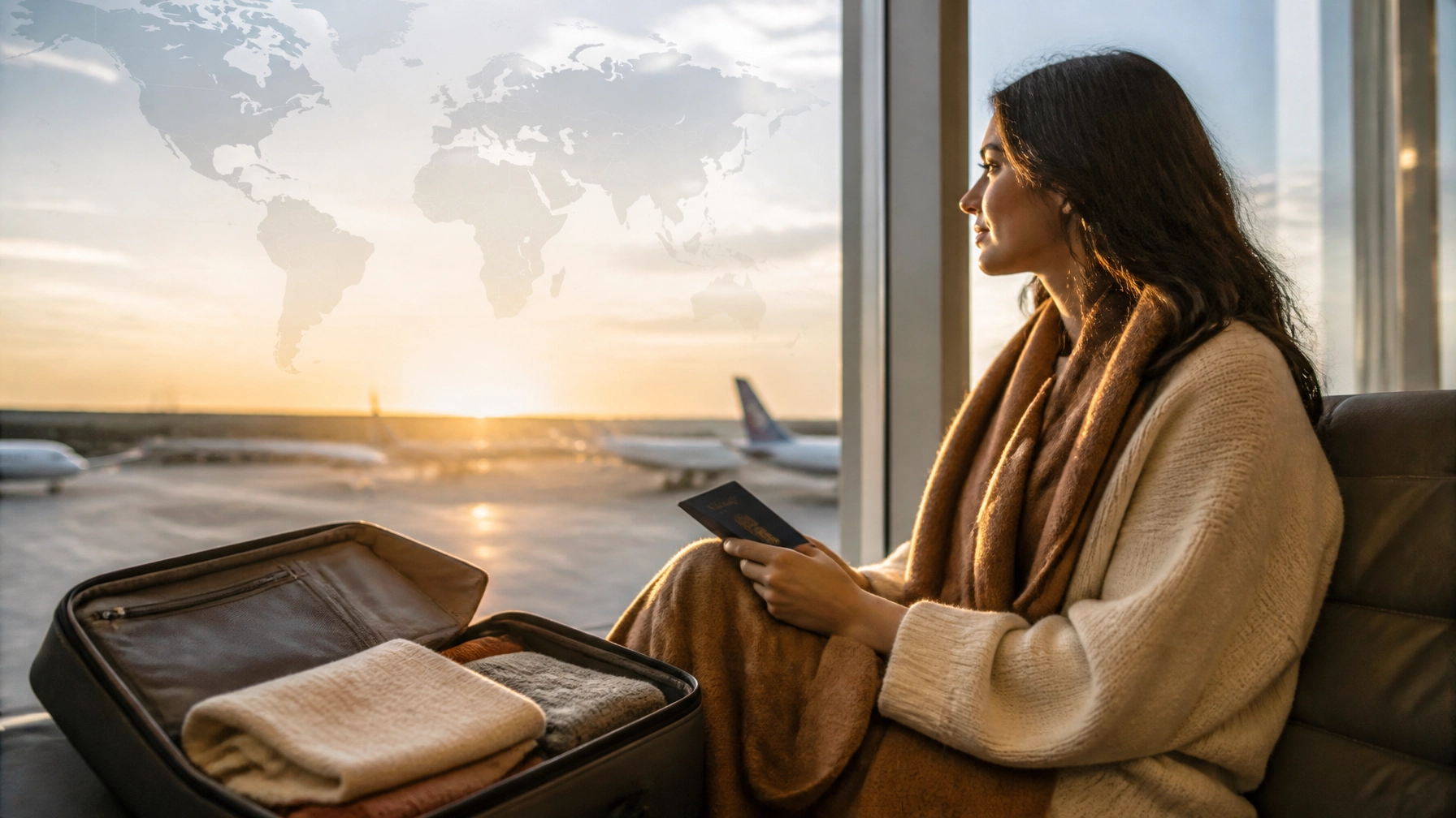 Traveler preparing for a fall trip in a bright airport lounge